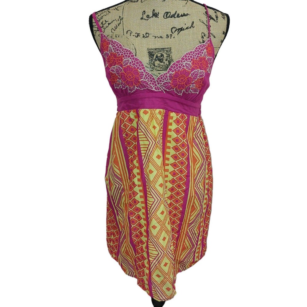 Flying Tomato Large Pink, Yellow, Orange Spaghetti Strap Dress BOHO